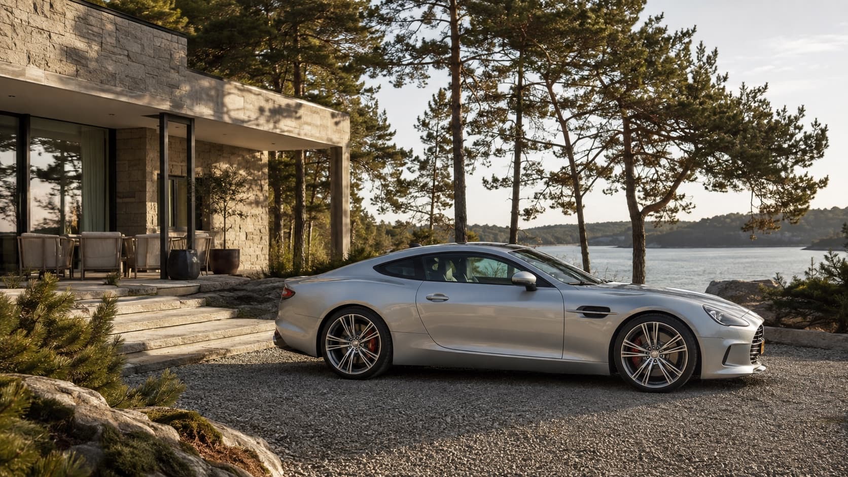 Silverfärgad sportcoupé vid en skandinavisk villa med havsutsikt – konceptbild